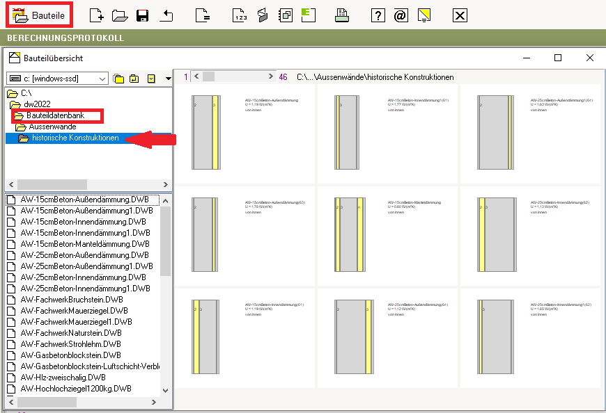 Auswahl in der Bauteildatenbank